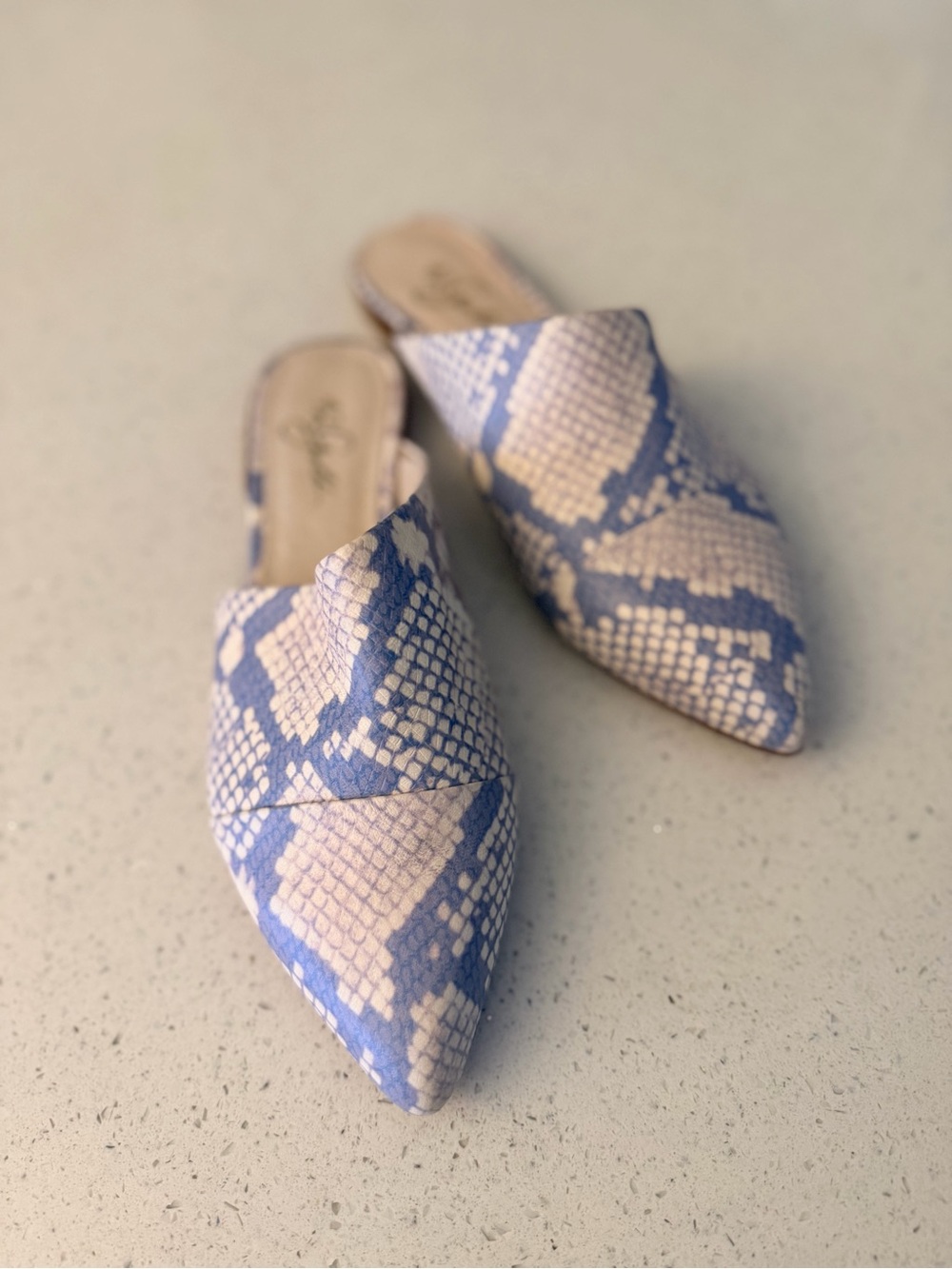42 GOLD Pointed Snake-Print Slip-On Mules in Blue and Cream